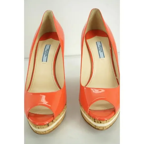 Prada Pink Patent Platform Wedge Heel Espadrille Peep Pumps - Picture 4 of 12